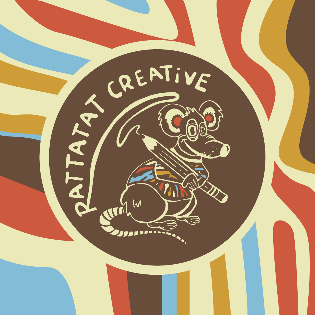 Rattatat Creative's illustrated rat mascot with colourful retro stripes