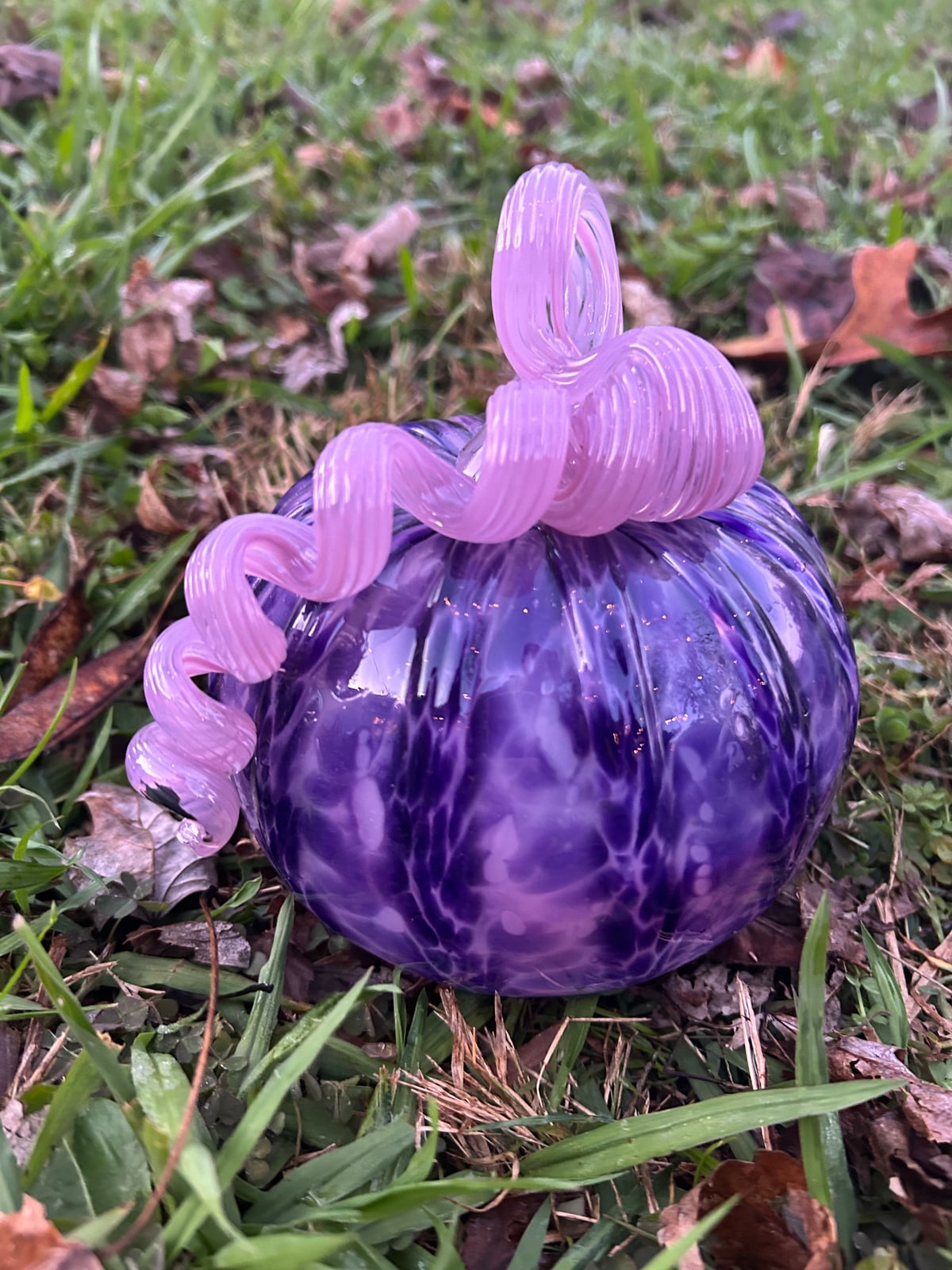 A purple glass pumpkin with a long pink curled stem in the grass